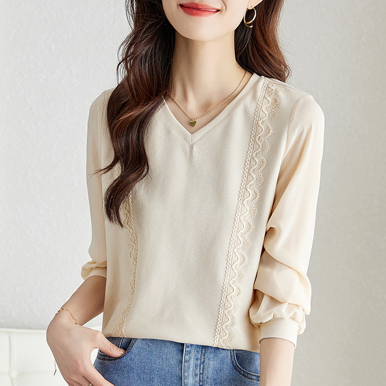 法式溫柔純色蕾絲花邊V領襯衫