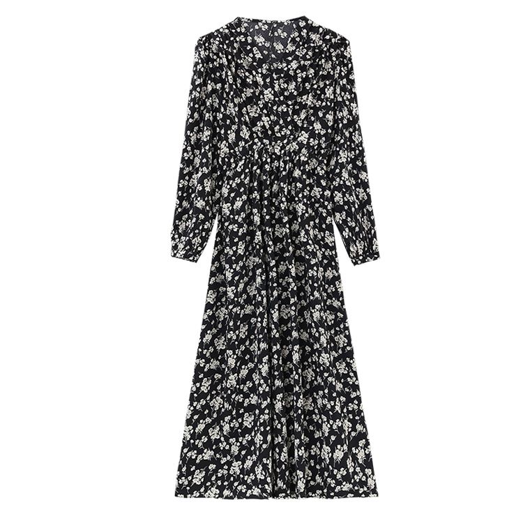 法式收腰氣質黑色碎花連衣裙