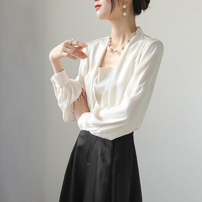 法式純色正肩V領襯衫