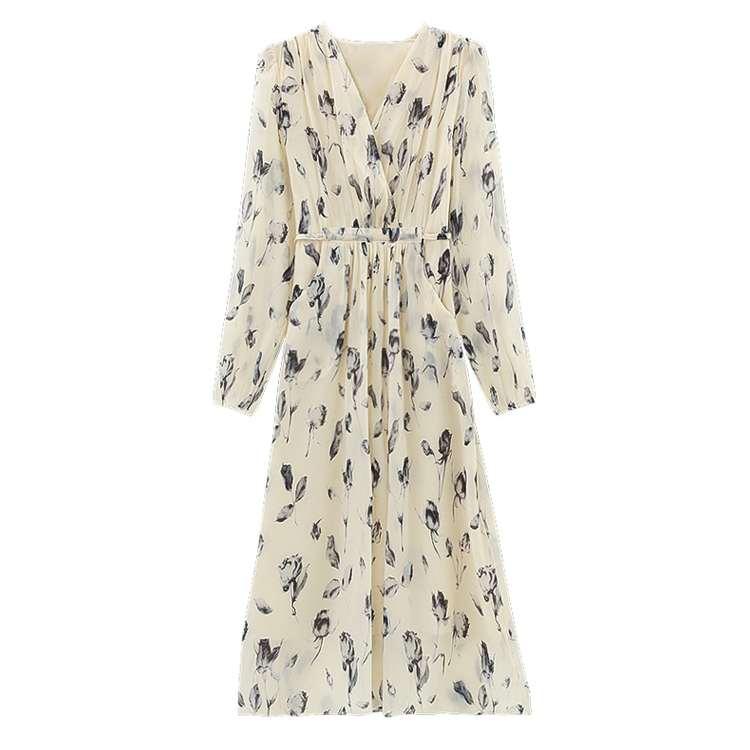 水墨畫精緻V領仙女連衣裙