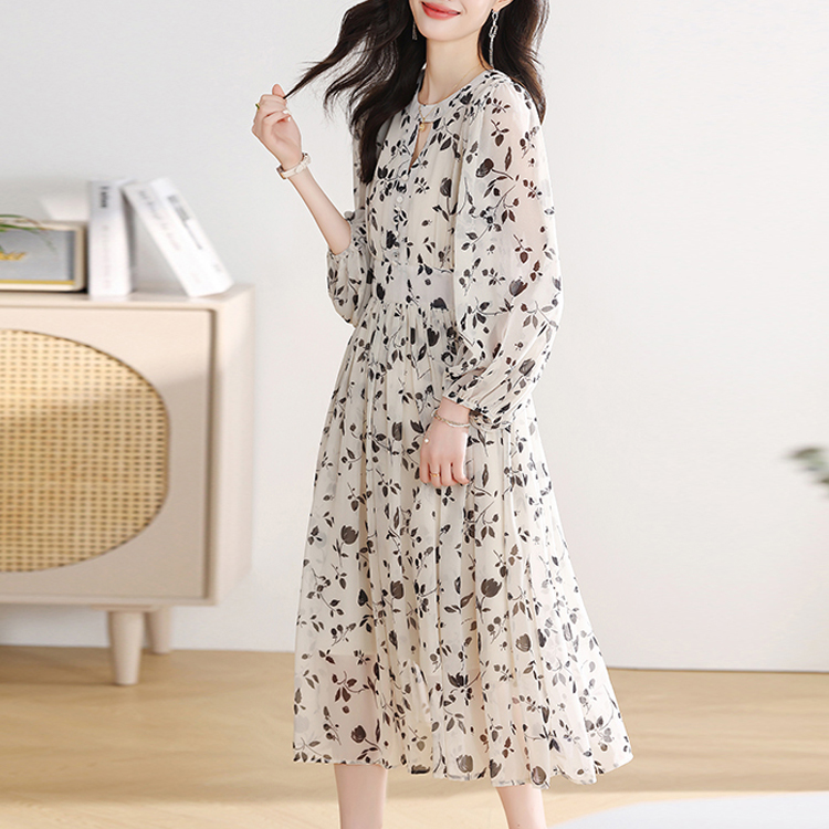 水墨畫茶歇顯瘦氣質連衣裙
