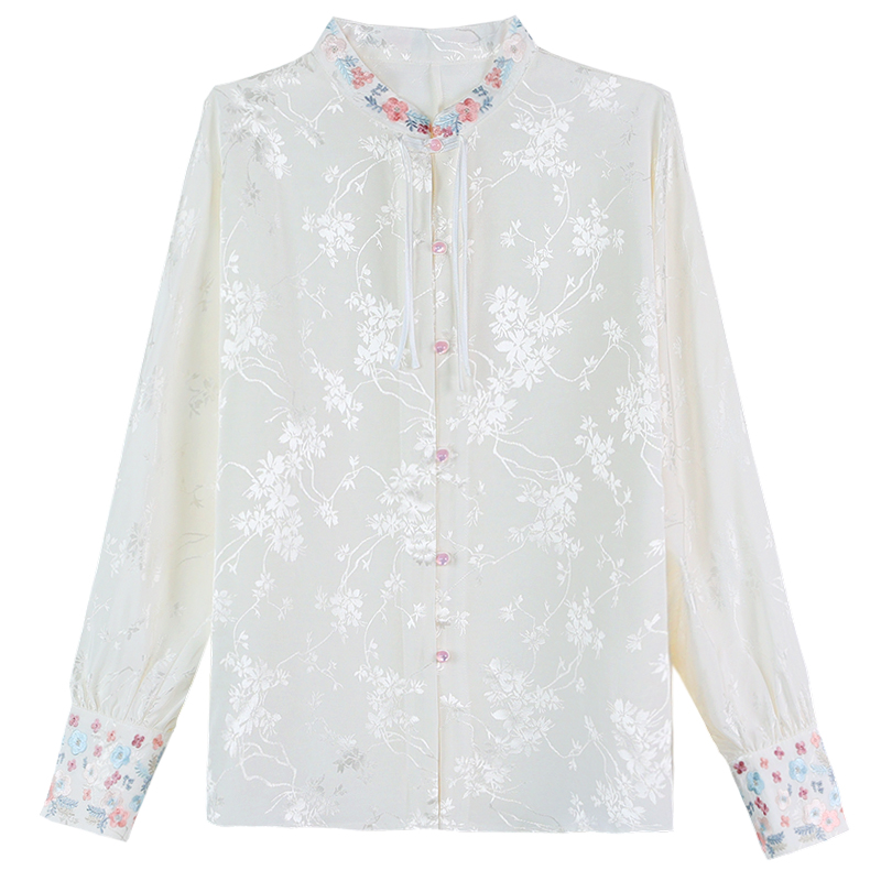 復古刺繡盤扣長袖襯衫