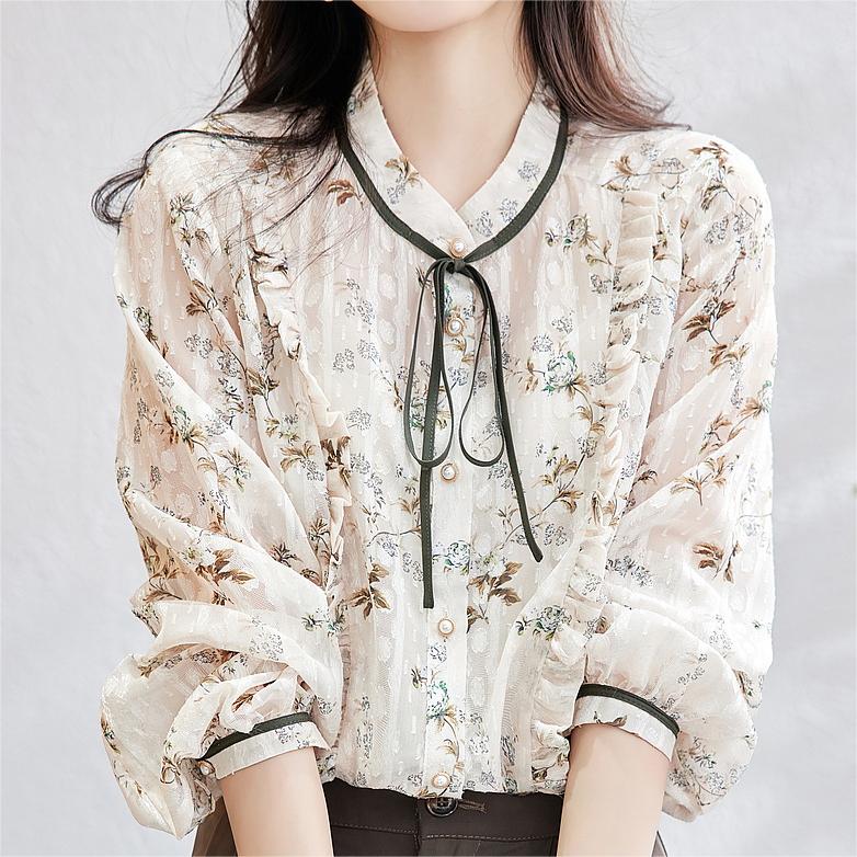 法式蝴蝶結碎花襯衫