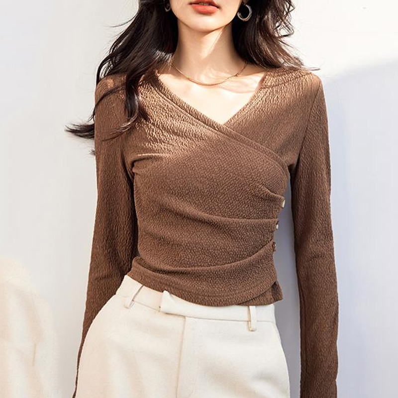 氣質純色V領短修身打底衫