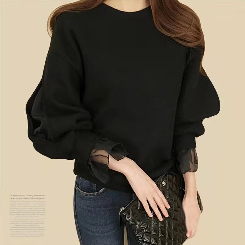 韓版網紗拼接連肩袖純色圓領衛衣