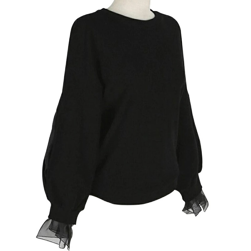 韓版網紗拼接連肩袖純色圓領衛衣