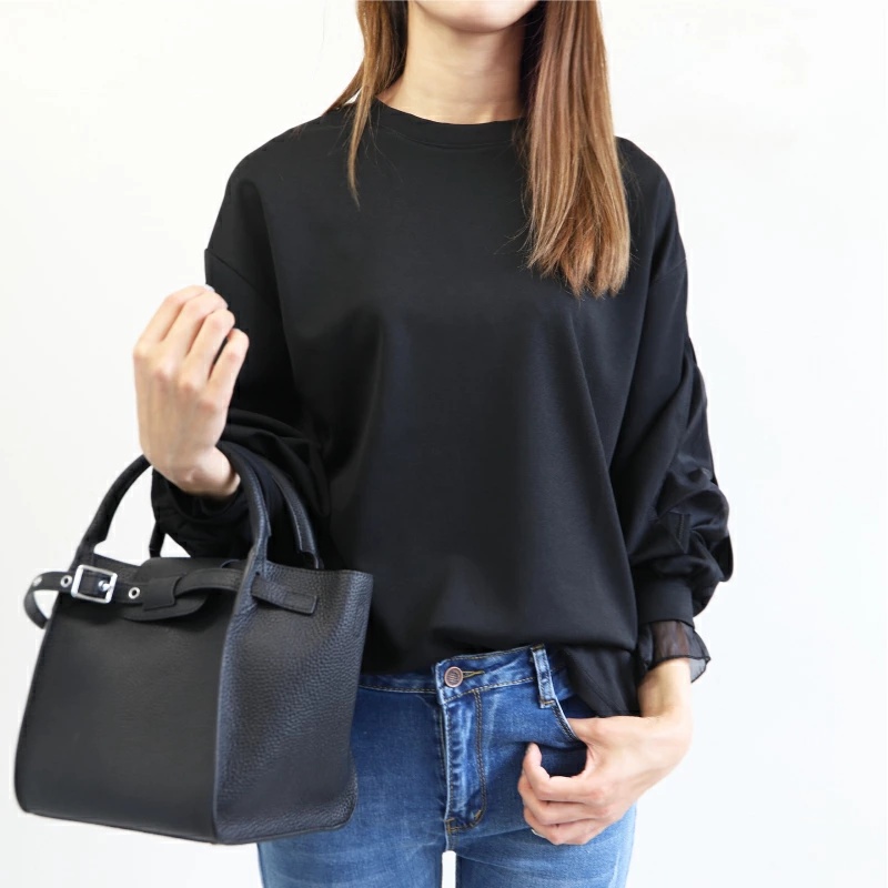 韓版網紗拼接連肩袖純色圓領衛衣