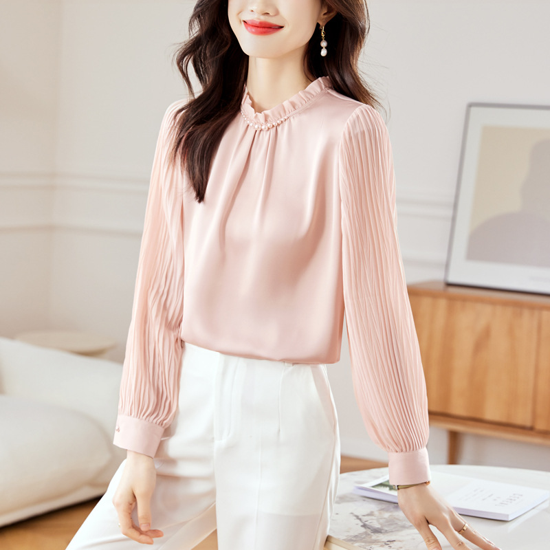 法式氣質拼接釘珠立領雪紡襯衫