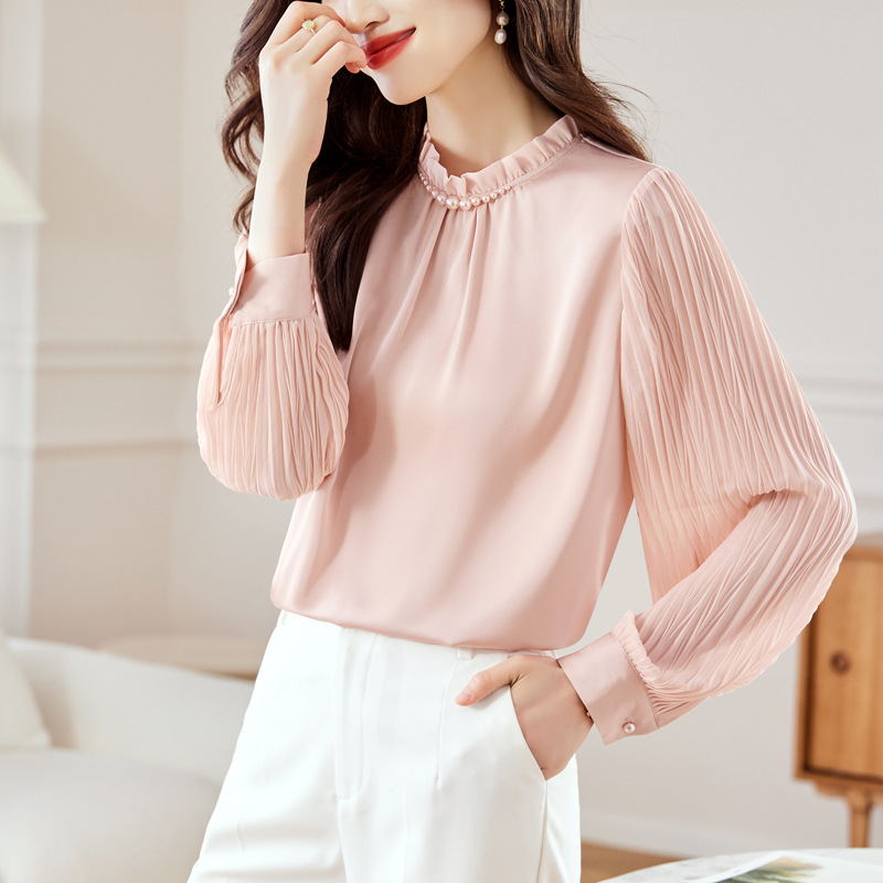 法式氣質拼接釘珠立領雪紡襯衫