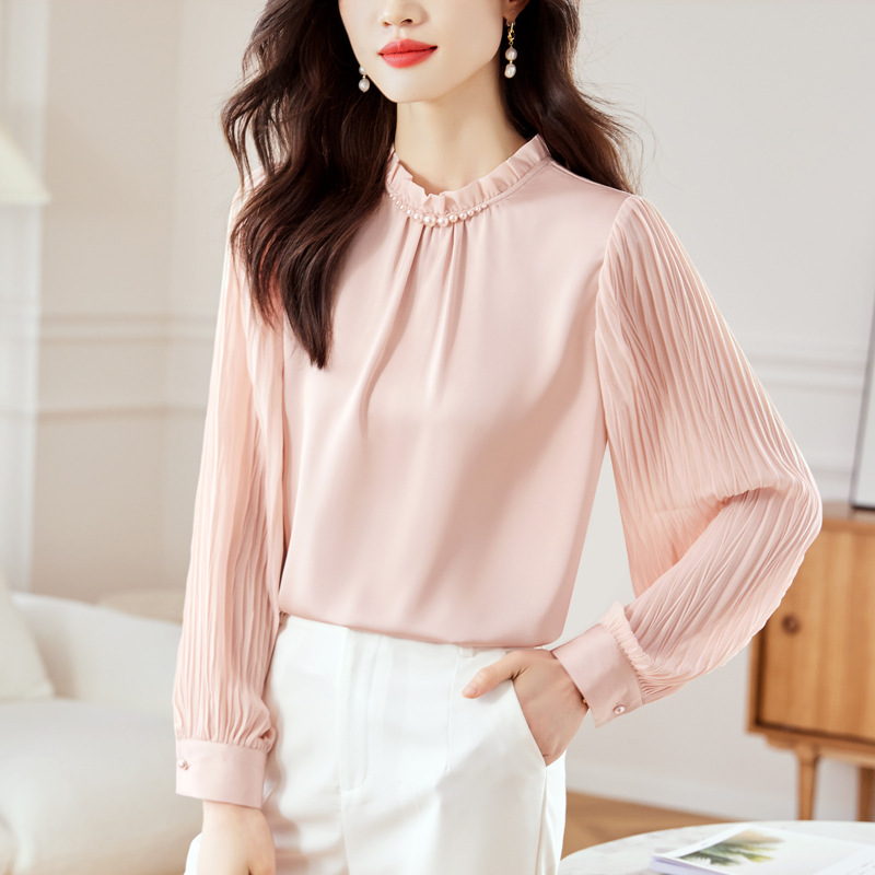 法式氣質拼接釘珠立領雪紡襯衫