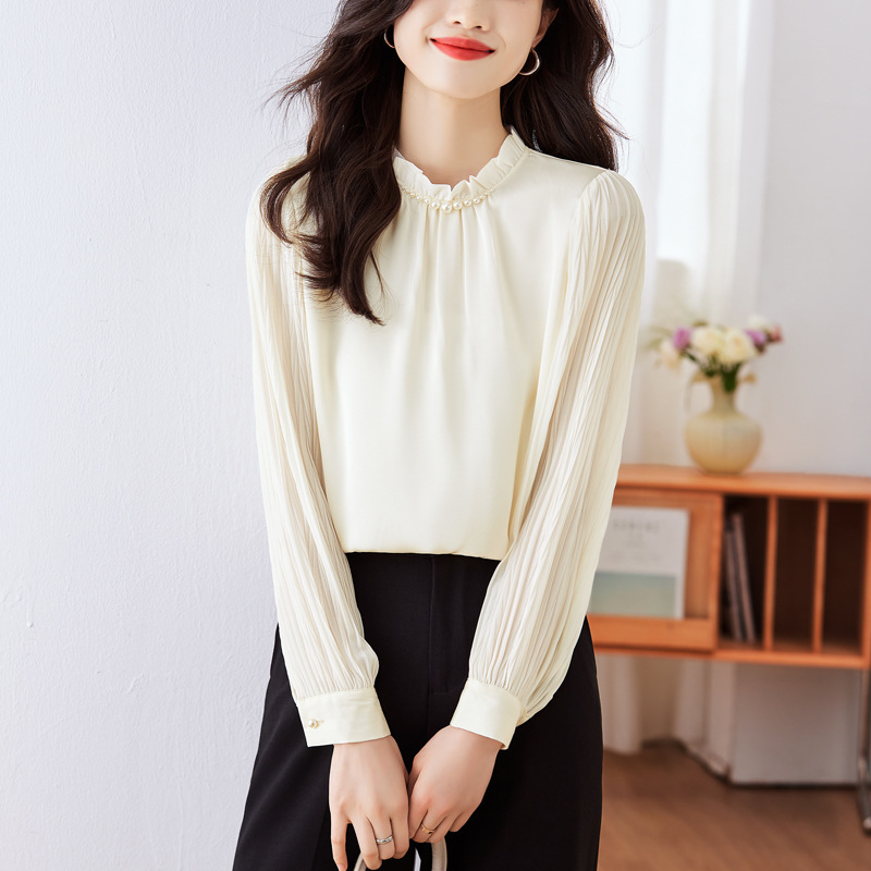法式氣質拼接釘珠立領雪紡襯衫