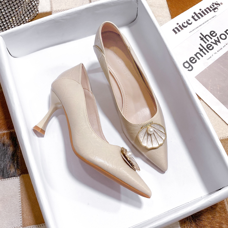 貝殼裝飾氣質細跟高跟女鞋