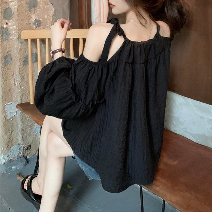 韓版甜美露肩帶帶燈籠袖長袖襯衫
