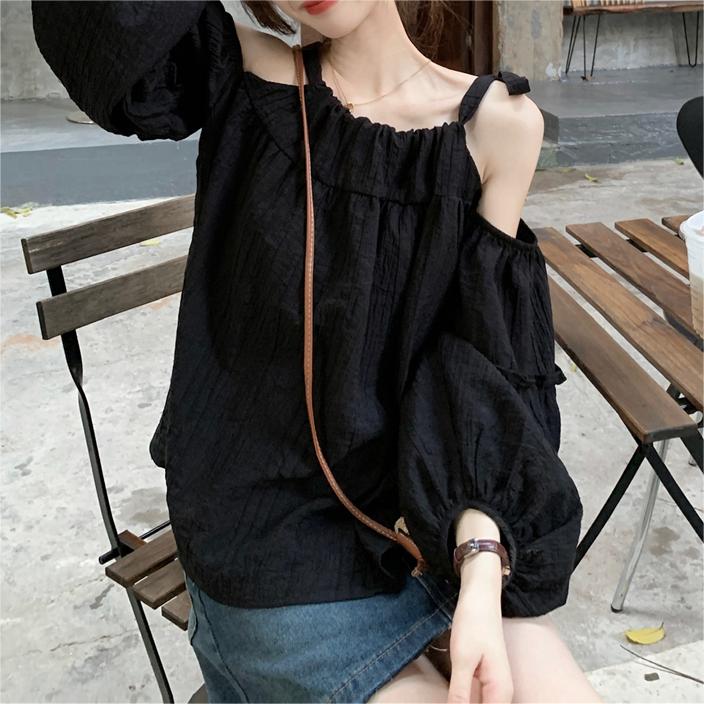 韓版甜美露肩帶帶燈籠袖長袖襯衫