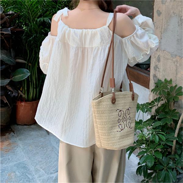 韓版甜美露肩帶帶燈籠袖長袖襯衫