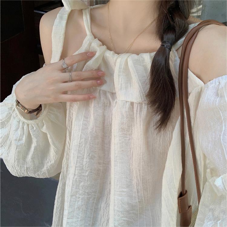 韓版甜美露肩帶帶燈籠袖長袖襯衫