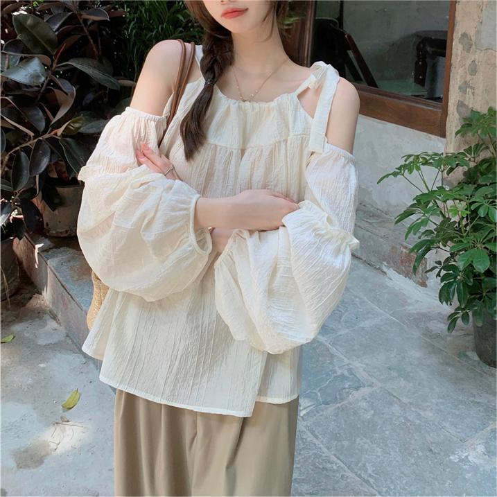 韓版甜美露肩帶帶燈籠袖長袖襯衫