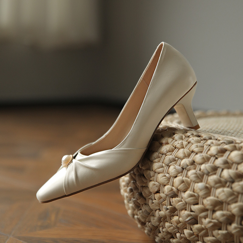 褶皺設計珍珠氣質優雅女鞋