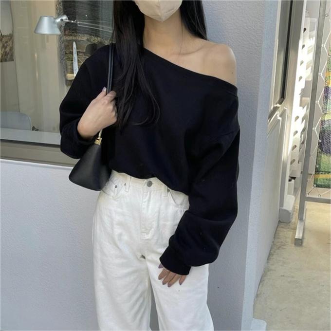 INS純色側露肩設計感衛衣