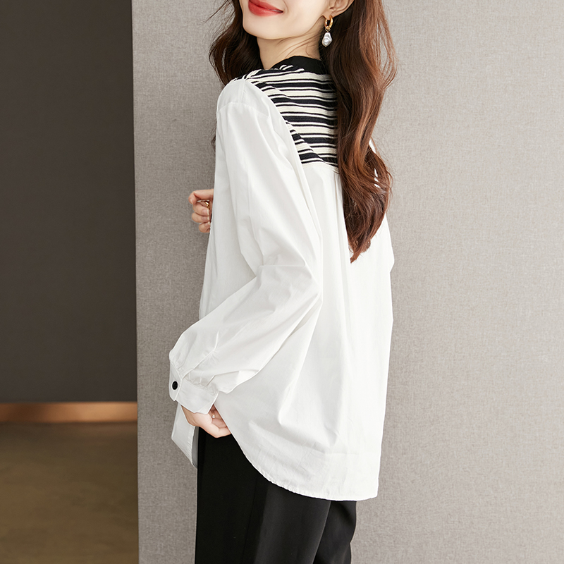 條紋拼色百搭假兩件氣質襯衫