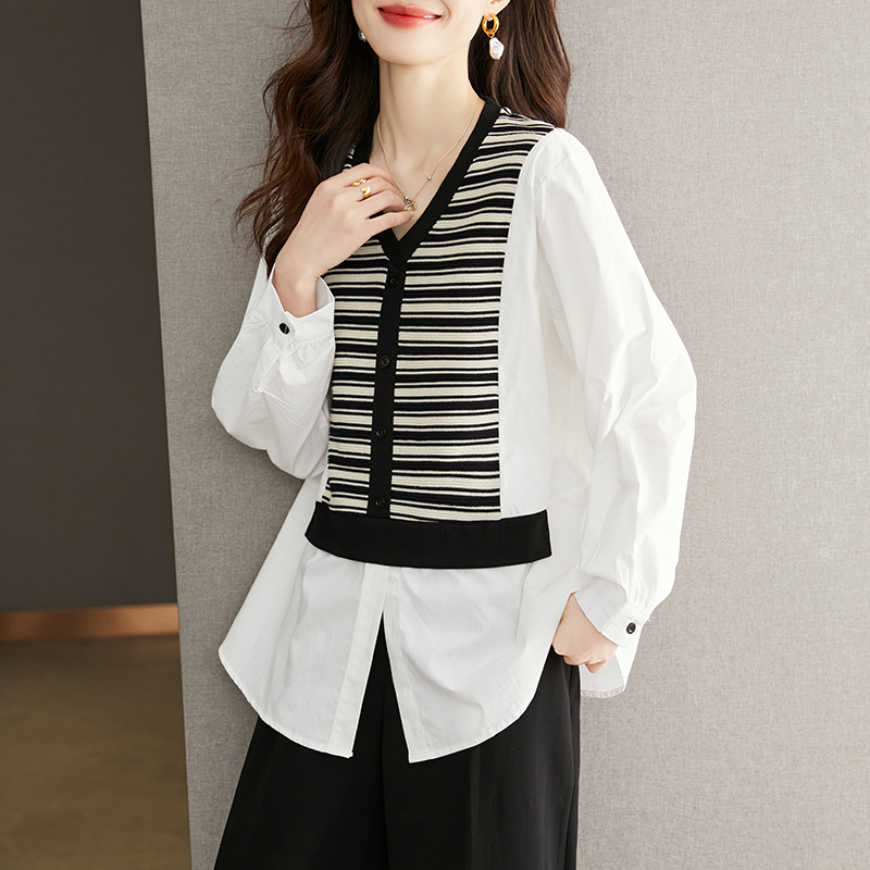 條紋拼色百搭假兩件氣質襯衫