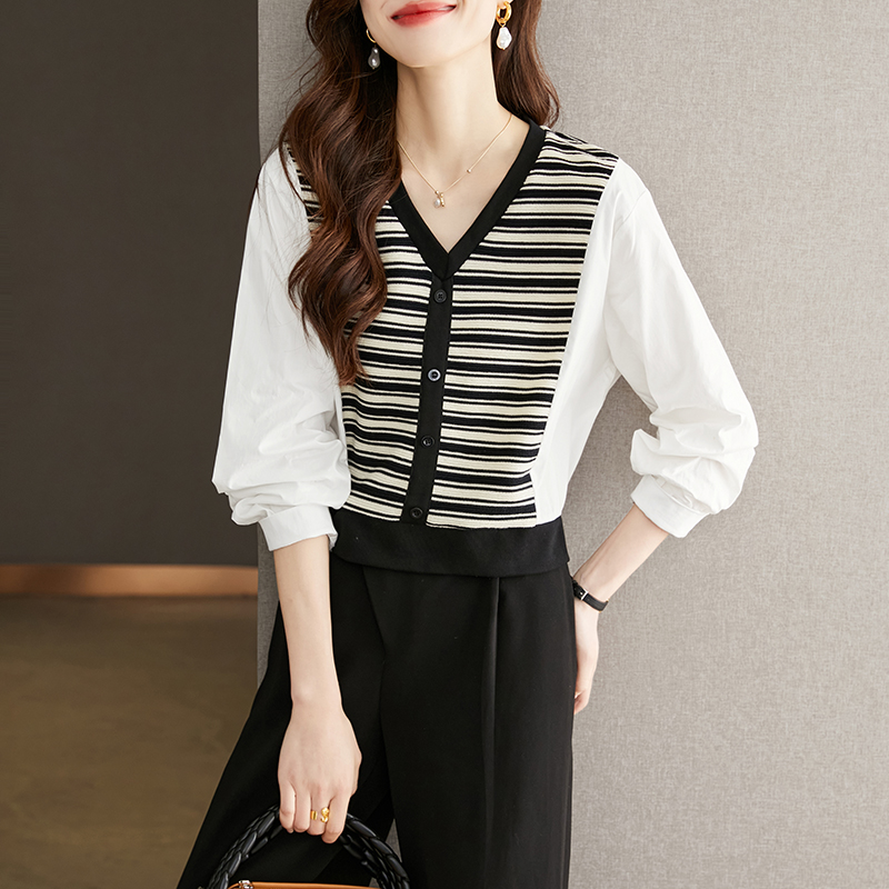 條紋拼色百搭假兩件氣質襯衫