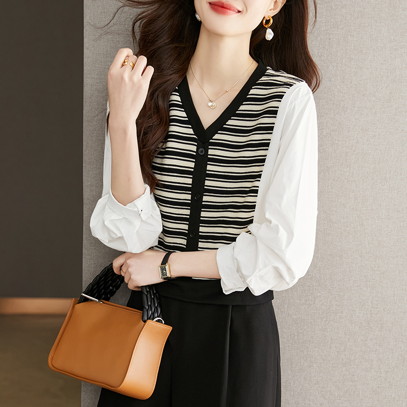 條紋拼色百搭假兩件氣質襯衫