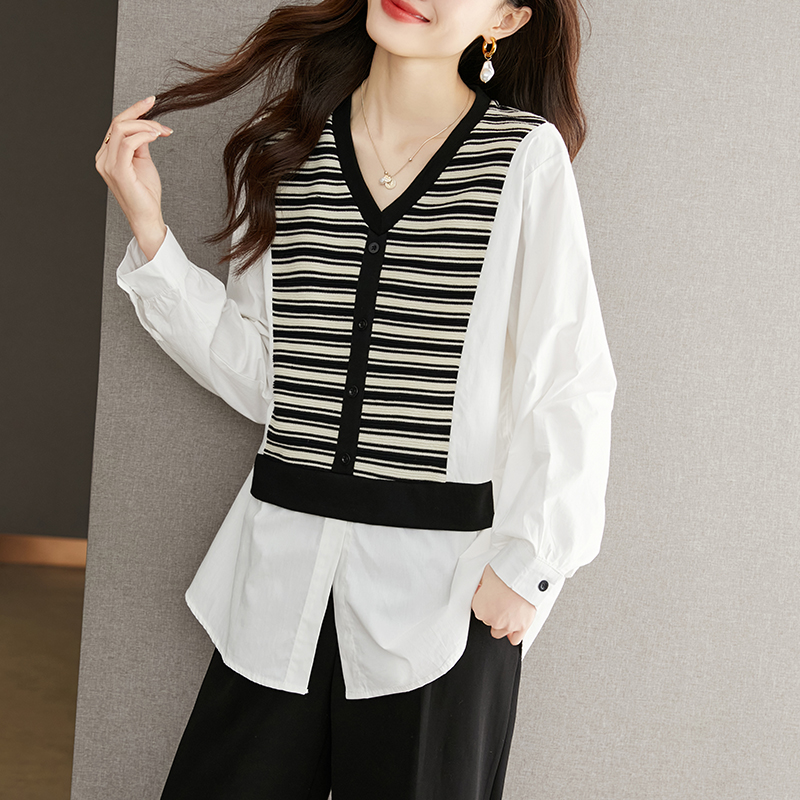 條紋拼色百搭假兩件氣質襯衫