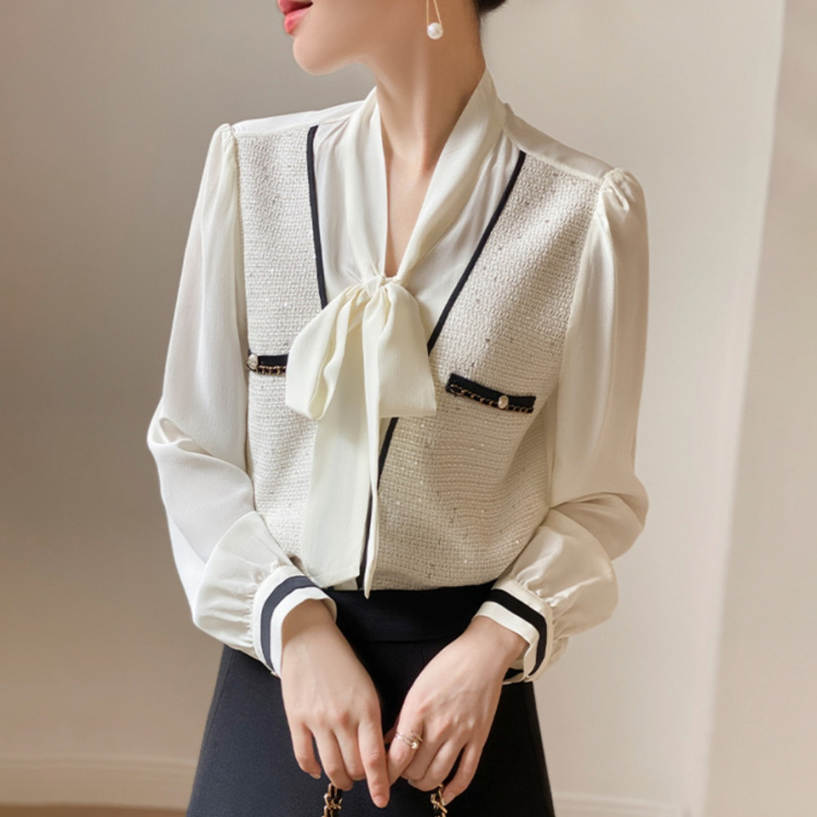 小香風金屬扣飄帶襯衫