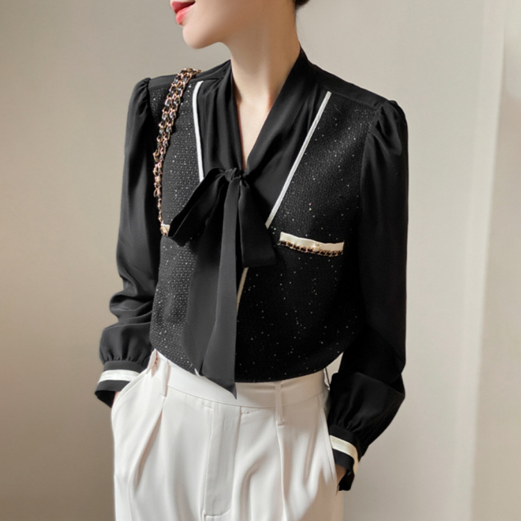 小香風金屬扣飄帶襯衫