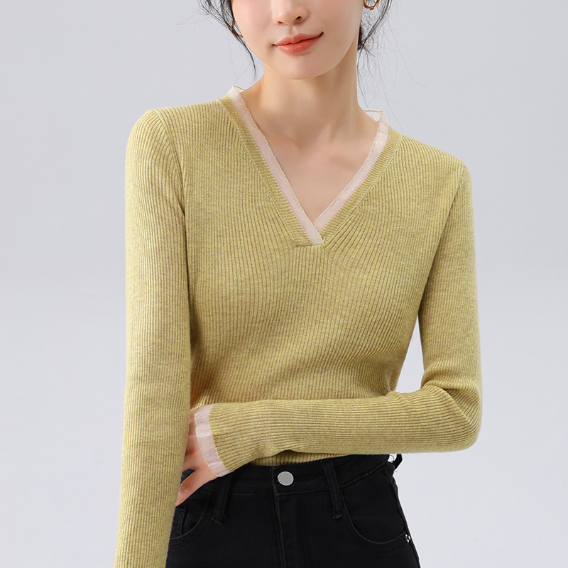 拼接撞色氣質V領通勤內搭針織衫