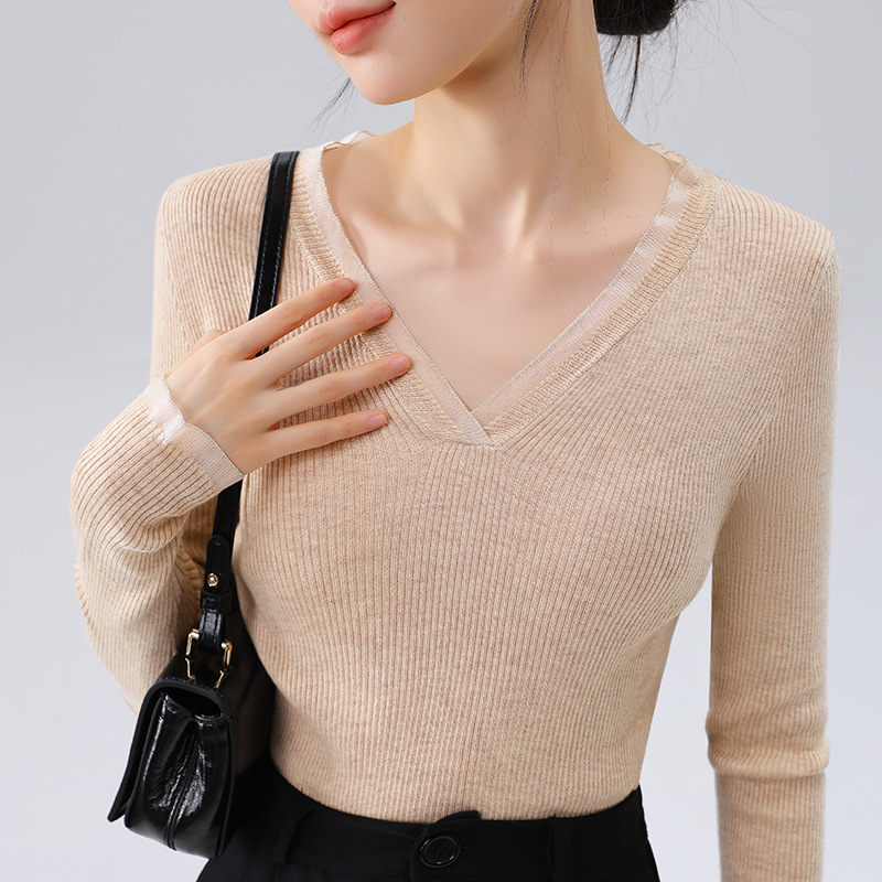 拼接撞色氣質V領通勤內搭針織衫
