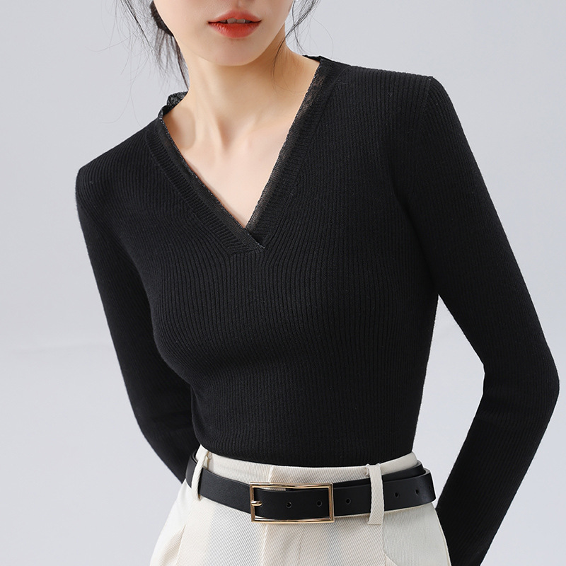 拼接撞色氣質V領通勤內搭針織衫