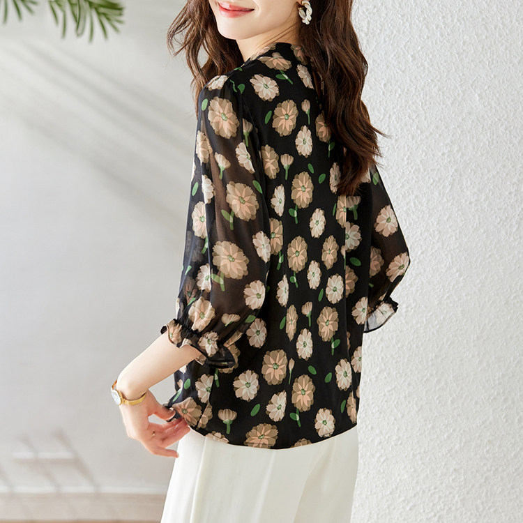 七分袖印花雪紡休閒襯衫