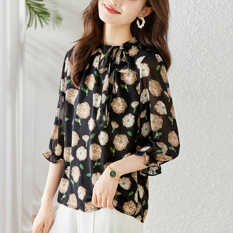 七分袖印花雪紡休閒襯衫