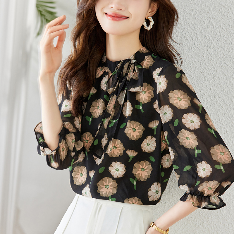 七分袖印花雪紡休閒襯衫