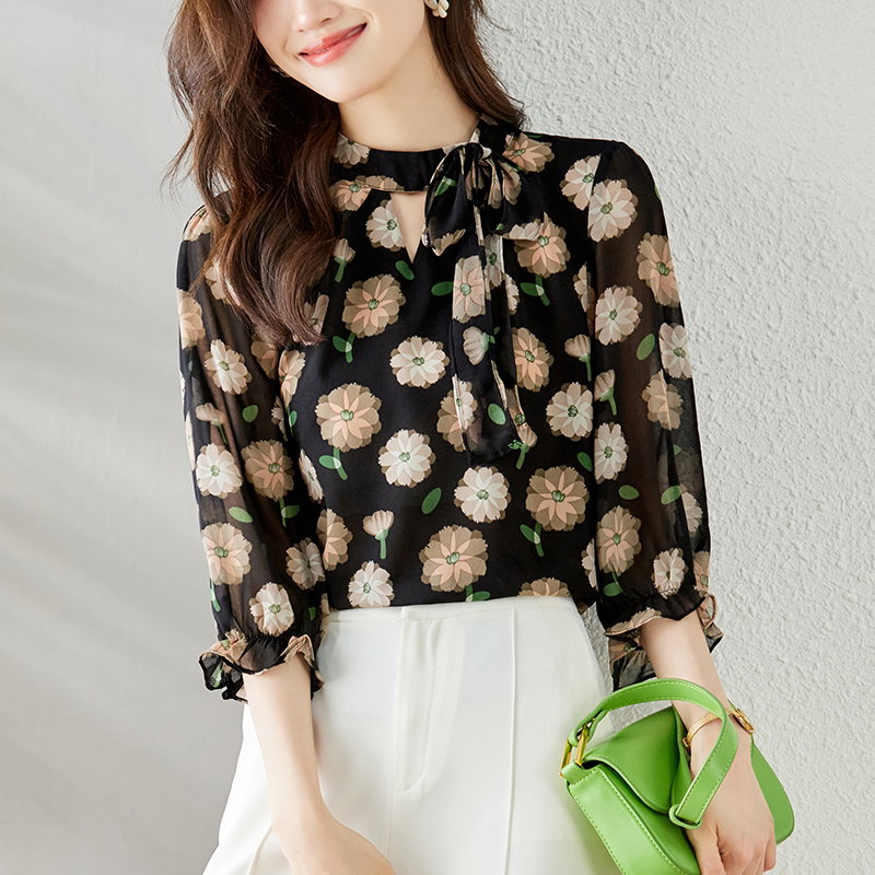 七分袖印花雪紡休閒襯衫