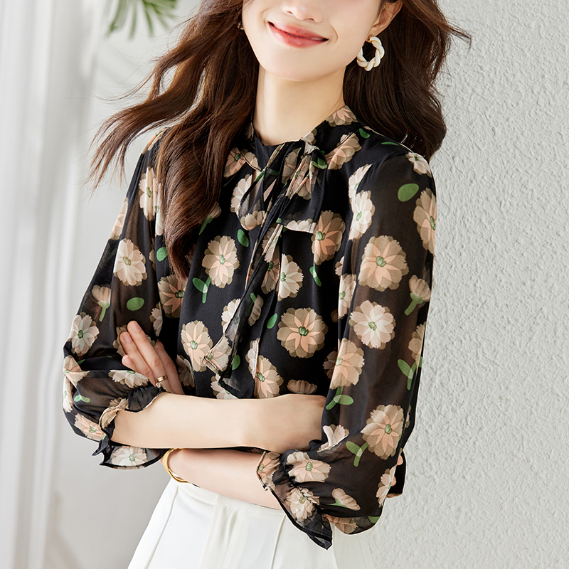 七分袖印花雪紡休閒襯衫