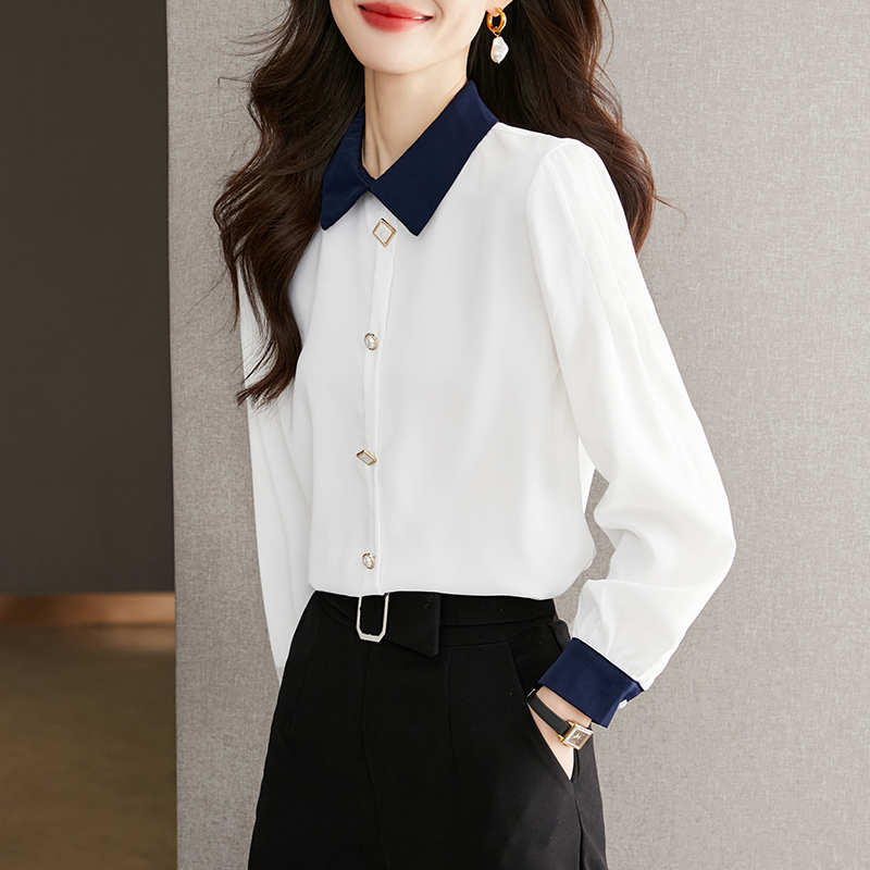 撞色領氣質通勤優雅襯衫