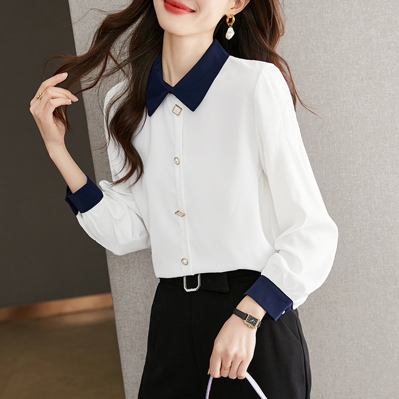 撞色領氣質通勤優雅襯衫