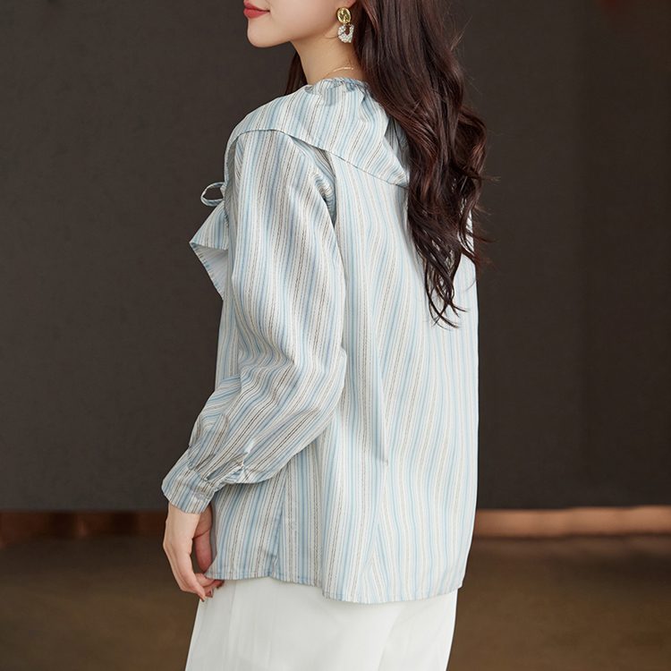 藍白條紋荷葉邊繫帶燈籠袖襯衫