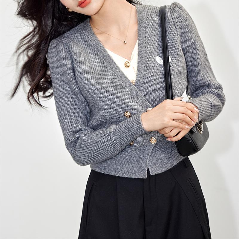 氣質假兩件V領針織開襟衫