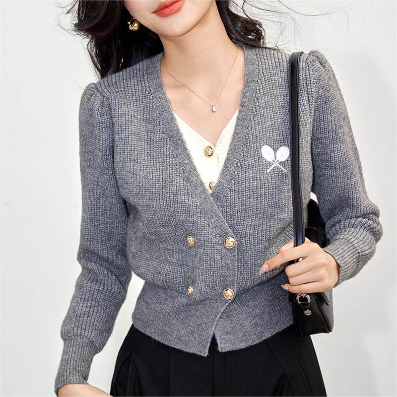 氣質假兩件V領針織開襟衫