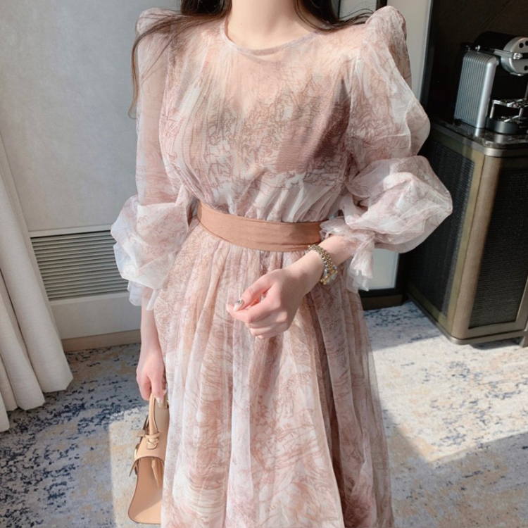 氣質透視水墨復古泡泡袖收腰連衣裙