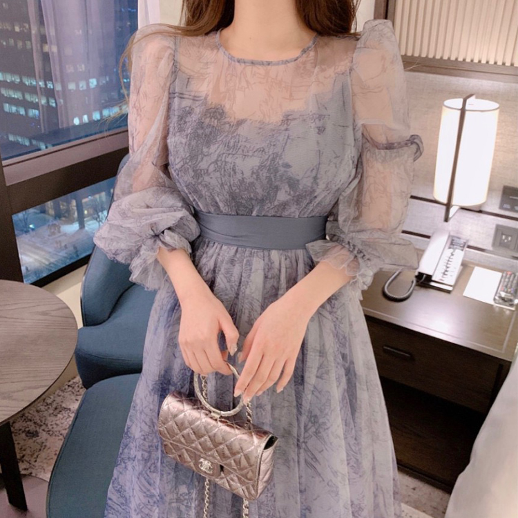 氣質透視水墨復古泡泡袖收腰連衣裙