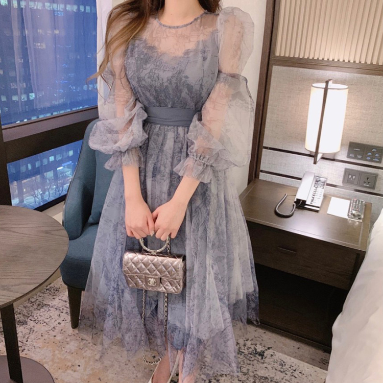 氣質透視水墨復古泡泡袖收腰連衣裙