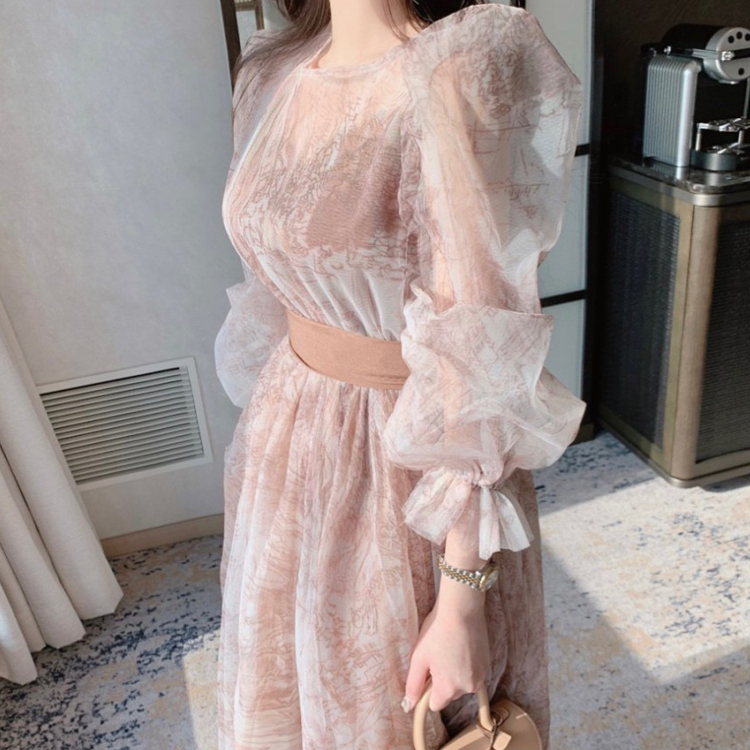 氣質透視水墨復古泡泡袖收腰連衣裙