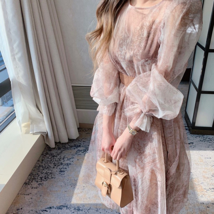 氣質透視水墨復古泡泡袖收腰連衣裙