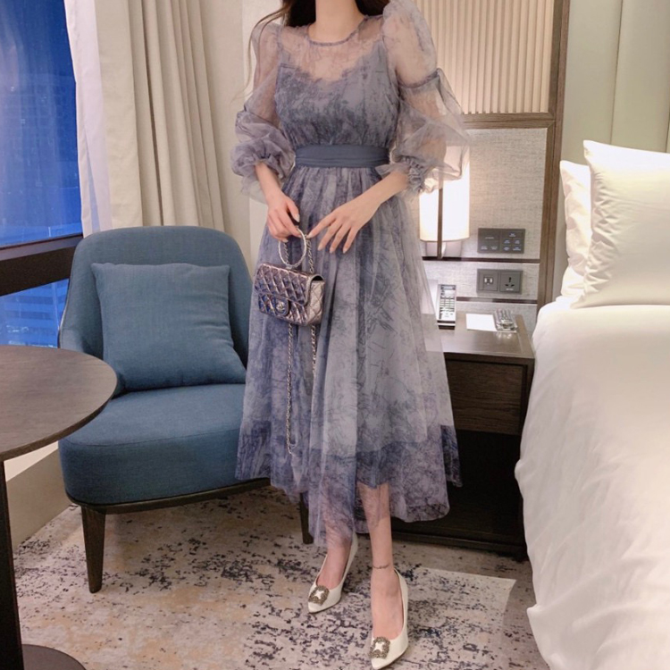氣質透視水墨復古泡泡袖收腰連衣裙