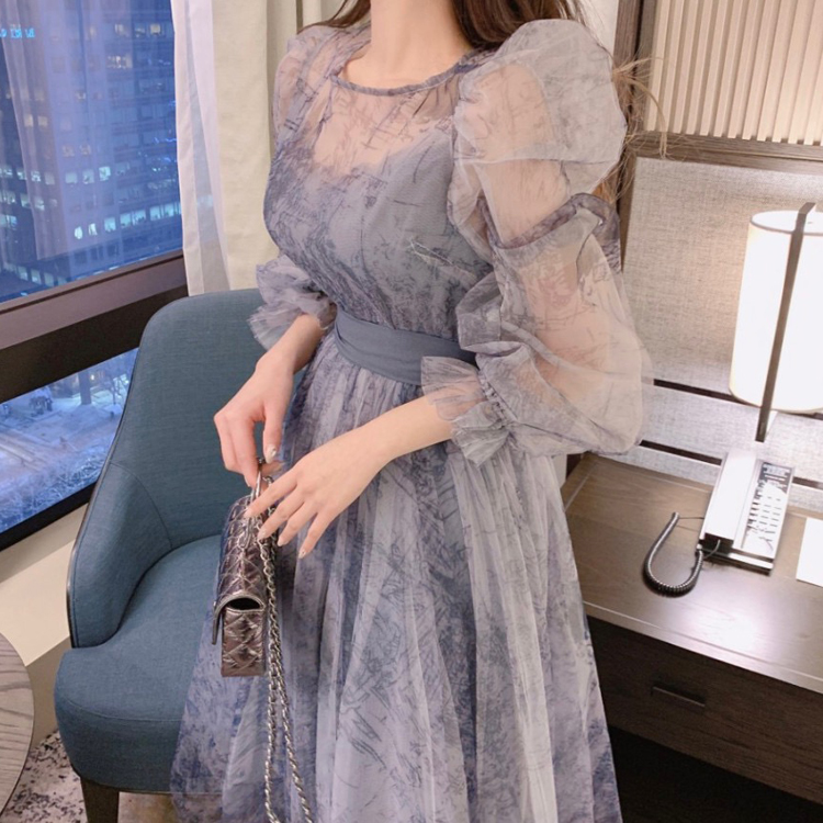 氣質透視水墨復古泡泡袖收腰連衣裙